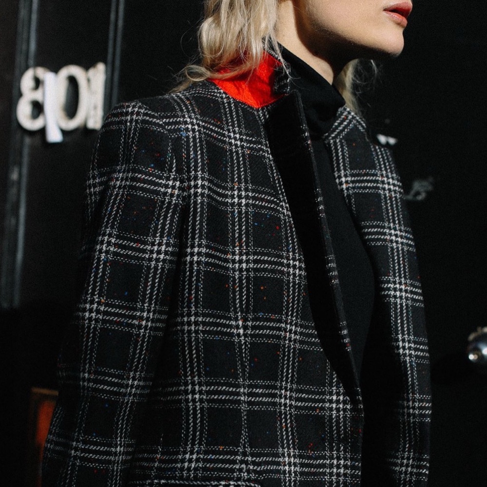 Kal Rieman Classic Tailored Notch Blazer 100% Virgin Wool, B&W Plaid - Womens 4